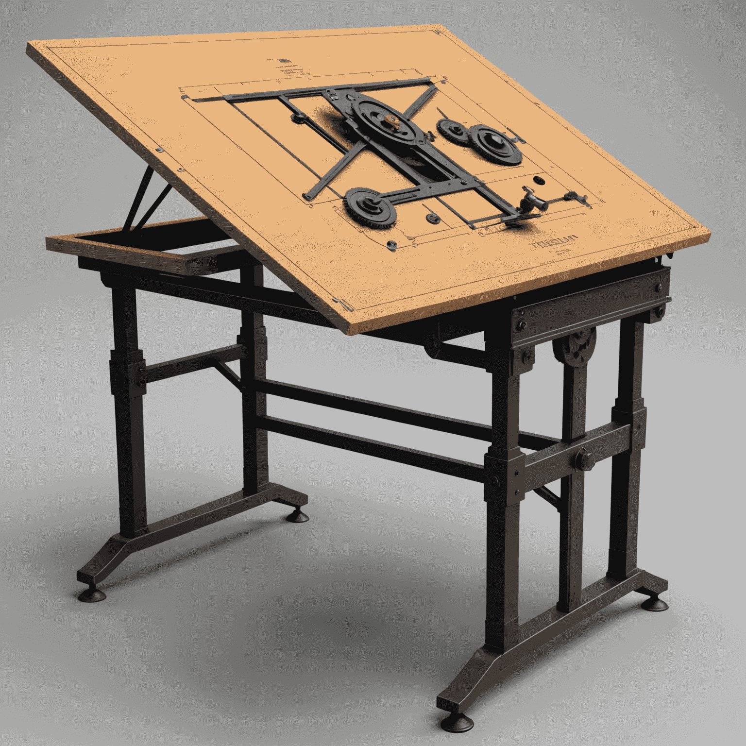 Vintage drafting table with FreeCAD interface overlay, showing a complex 3D model of a mechanical part