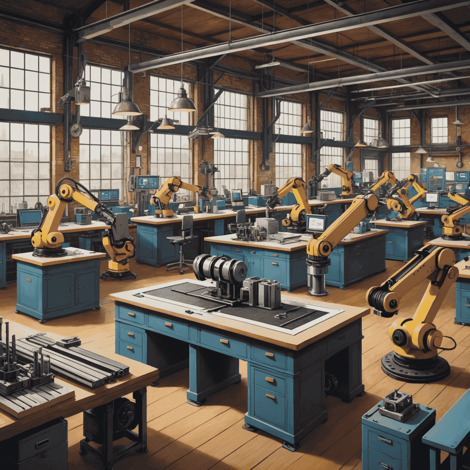 A vintage-style illustration showing a factory floor with modern robotic arms and 3D printers, juxtaposed with old-fashioned drafting tables and blueprint rolls, symbolizing the merger of traditional manufacturing and Industry 4.0