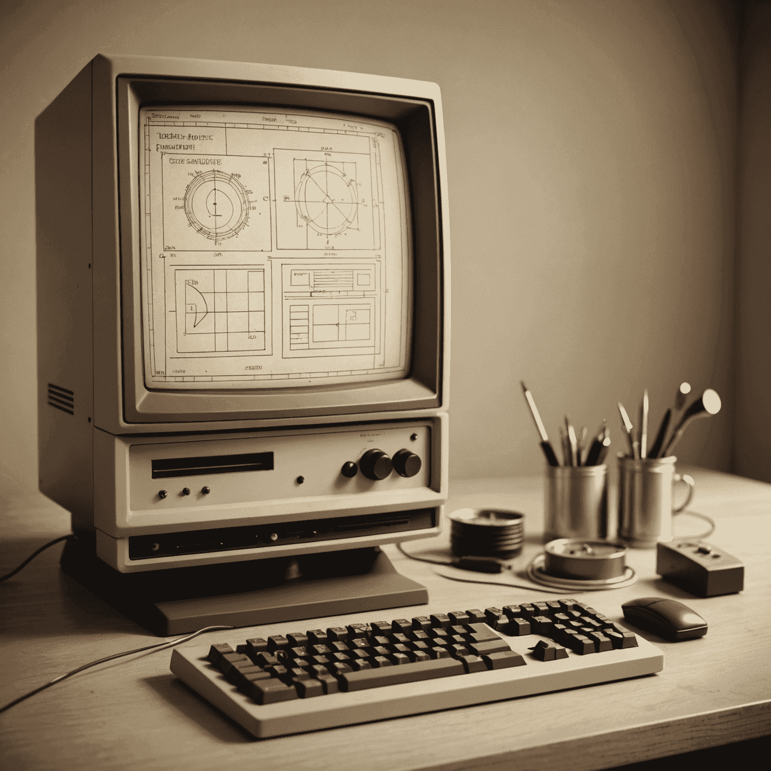 A vintage computer screen displaying an open-source CAD software interface with basic geometric shapes and tools visible. The image has a slight sepia tone and film grain effect to enhance the retro feel.