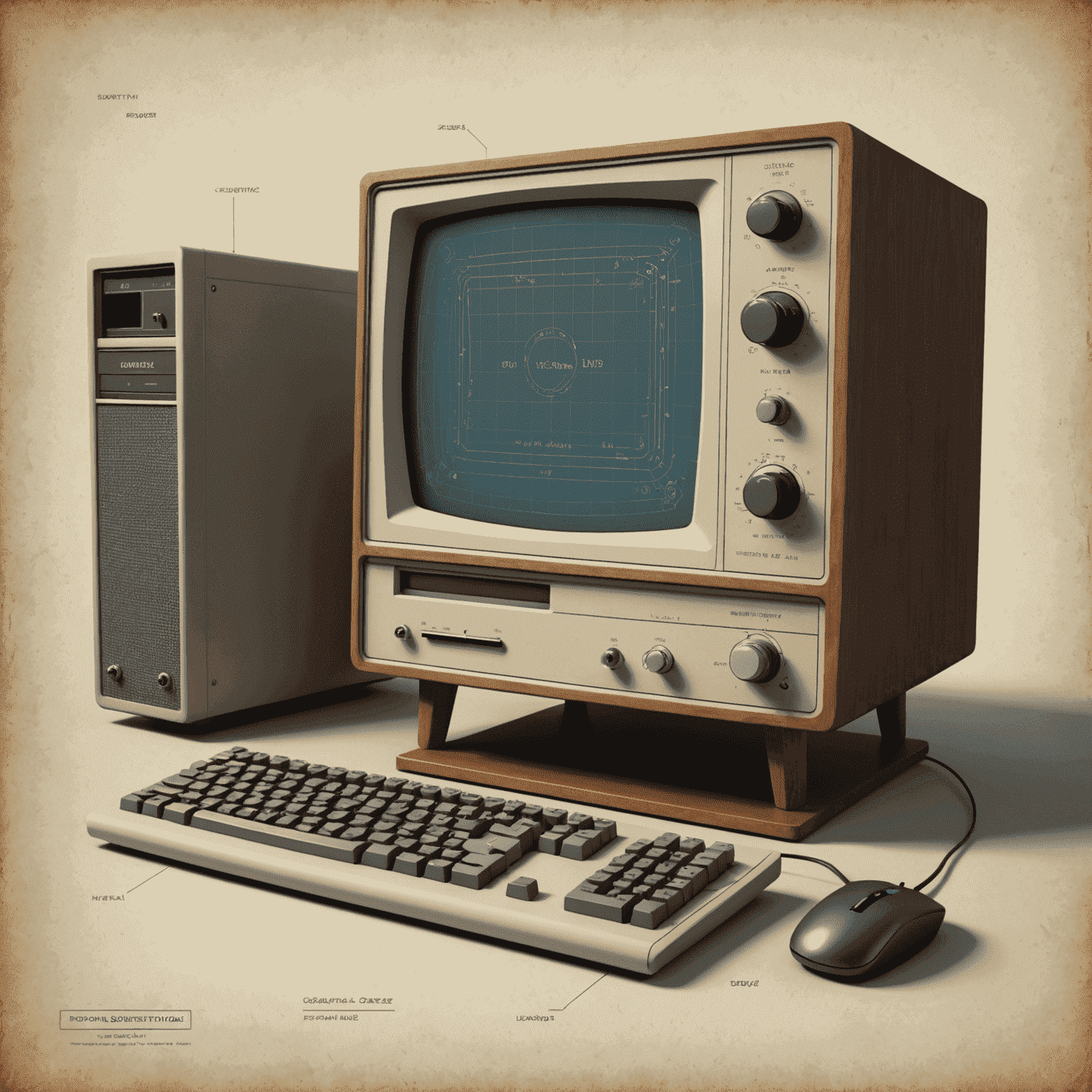 A vintage-style illustration showing a computer screen with a simple 3D model and basic CAD interface elements, reminiscent of early computer graphics