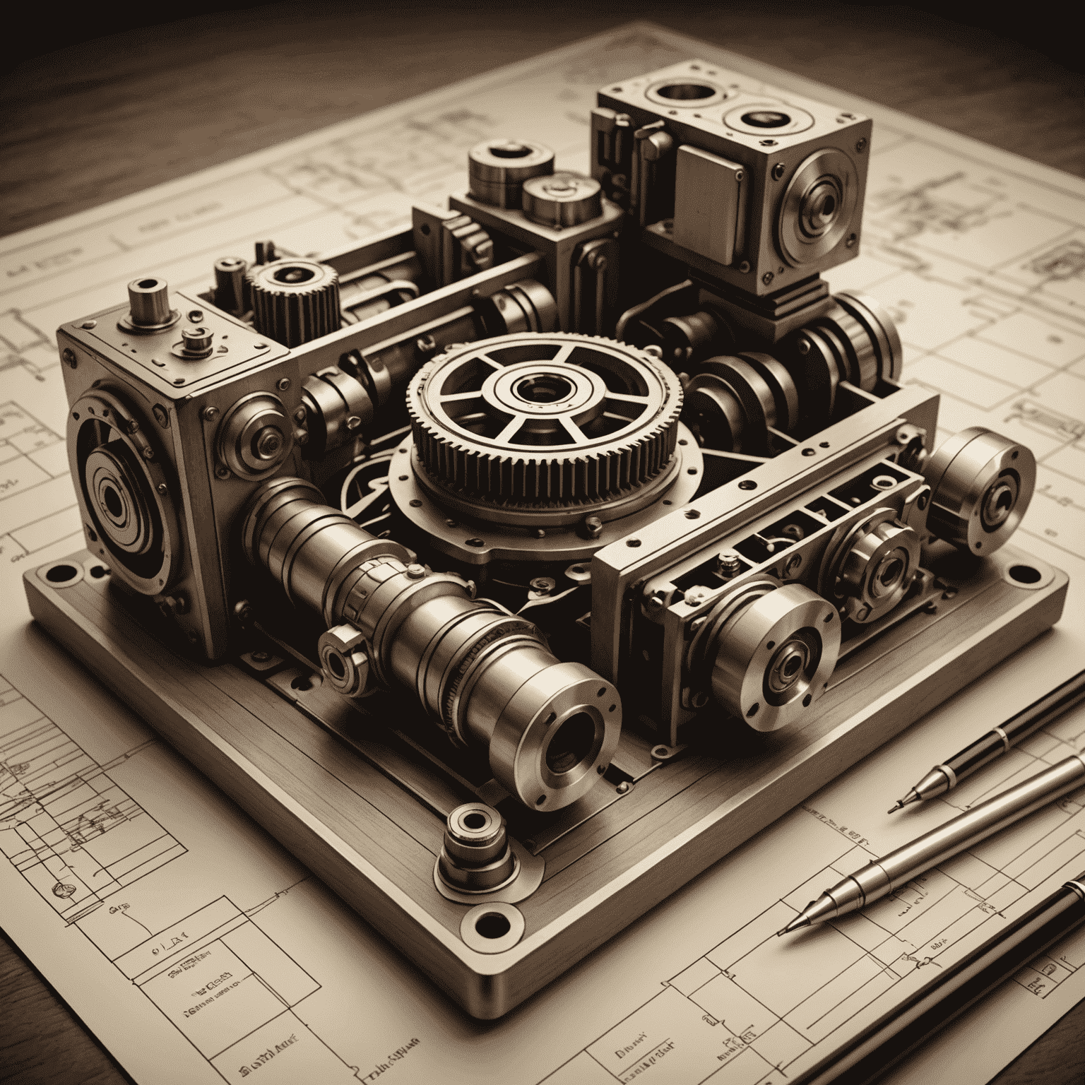 A vintage-style illustration showcasing complex 3D CAD models with visible parameters and constraints, reminiscent of old technical drawings