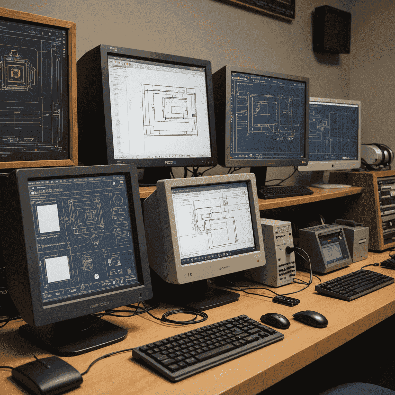 Various open-source CAD software interfaces displayed on vintage computer screens, showing FreeCAD, OpenSCAD, and LibreCAD logos