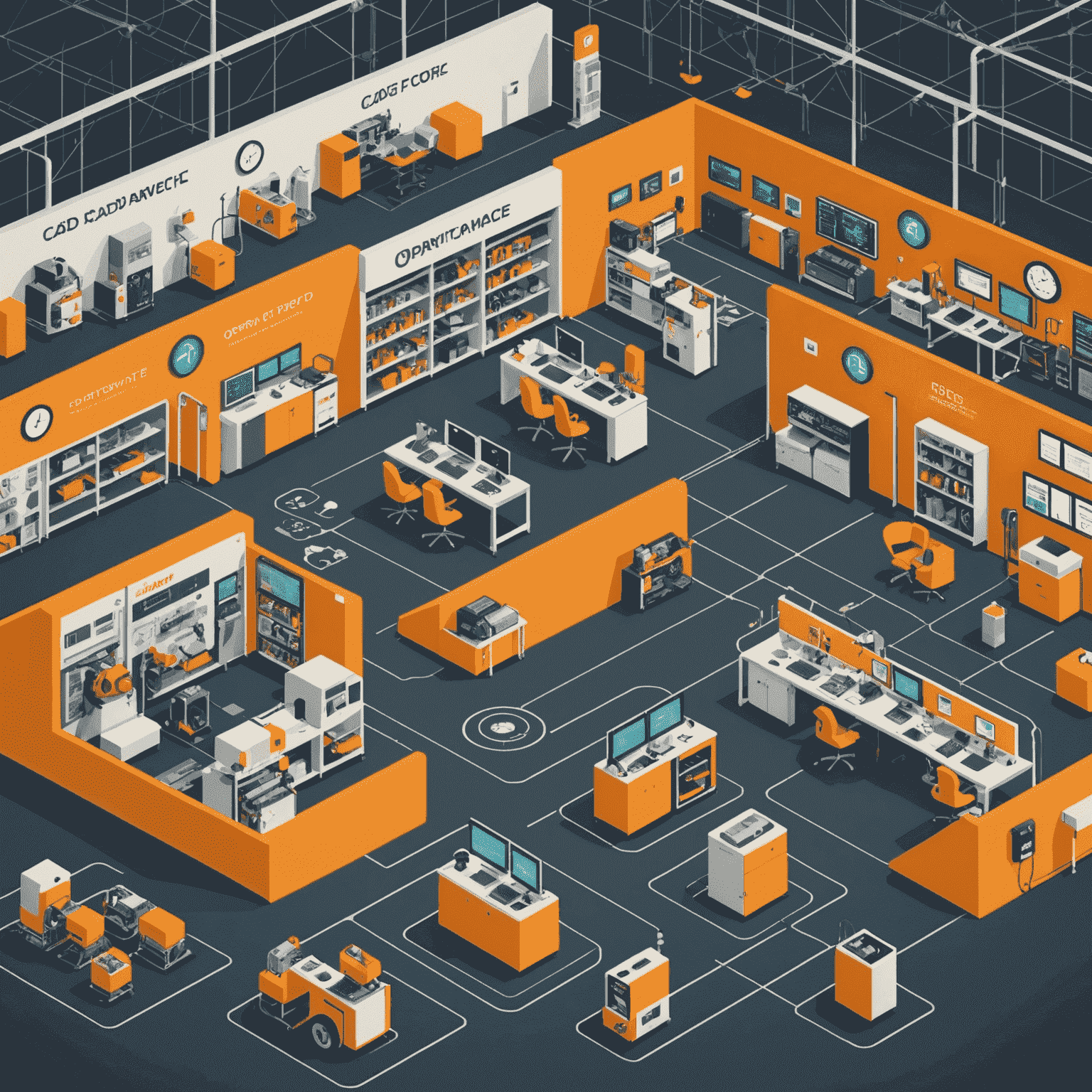 A retro-style infographic showing the interconnectedness of open-source CAD software, IoT devices, and AI analytics in a smart factory setting