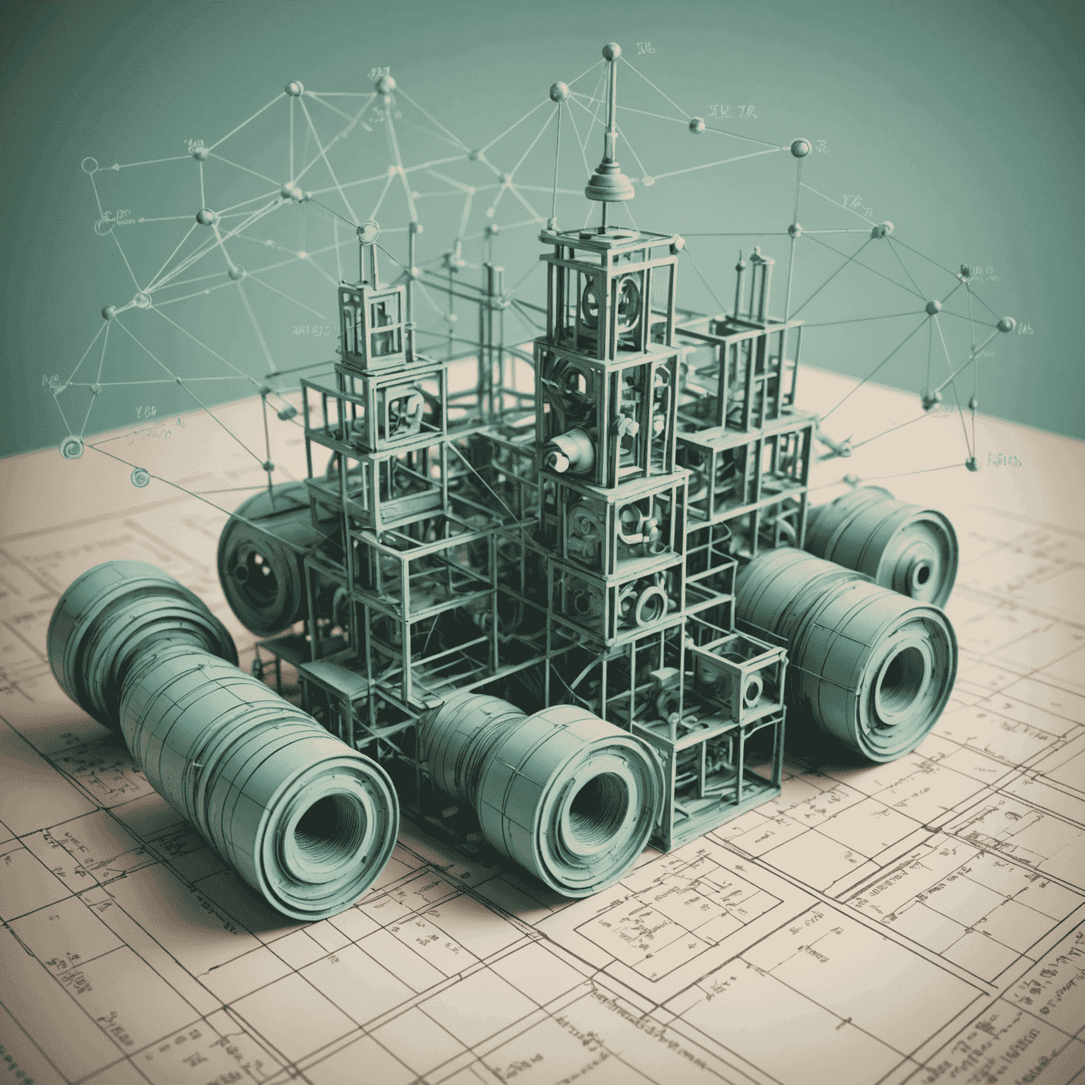 A vintage-style diagram showcasing complex parametric models with interconnected parts and formulas. The image has a faded teal tint and slight blur to give it an aged appearance.