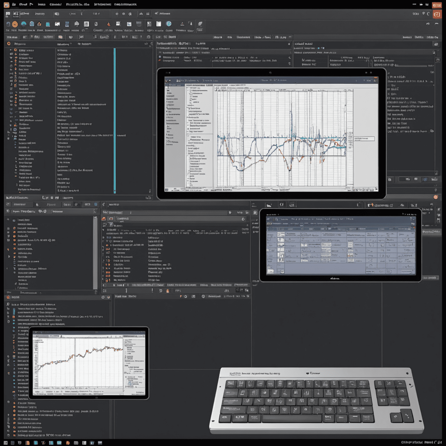 A split-screen image showing a complex FreeCAD model on one side and its corresponding parametric spreadsheet on the other, styled to look like an old computer terminal display