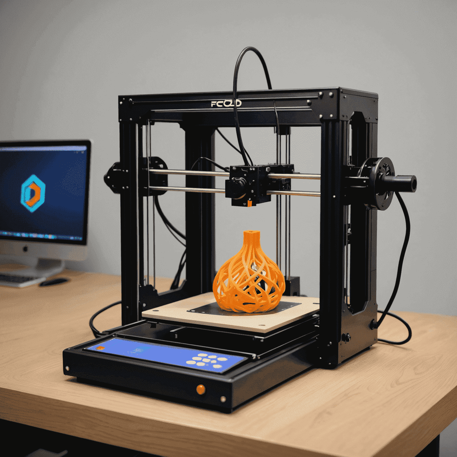 Retro-style 3D printer connected to an old computer running FreeCAD, with a complex 3D model being printed