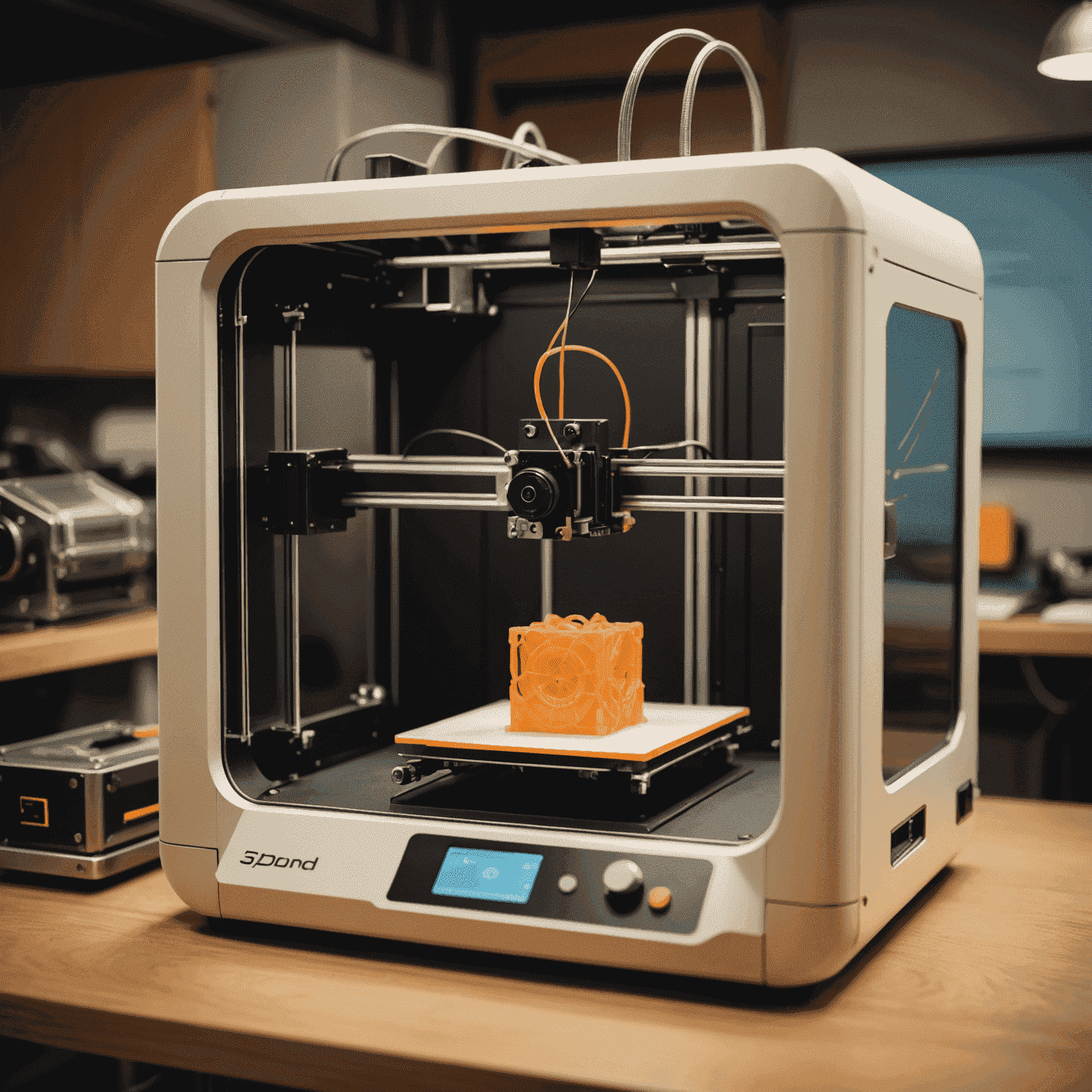 A retro-style image of a 3D printer in action, printing a complex CAD model. The image has a slight orange tint and film grain to enhance the vintage look.