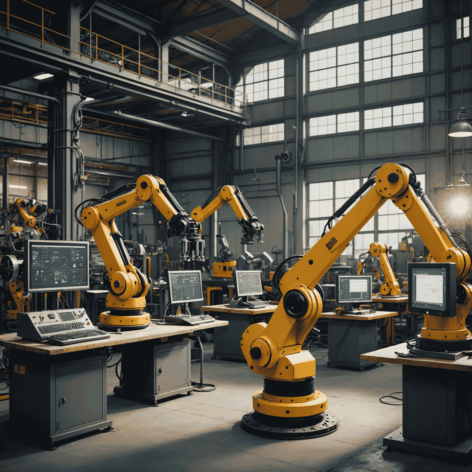 Vintage factory setting with modern robotic arms and computers running open-source CAD software, symbolizing the fusion of old and new in Industry 4.0