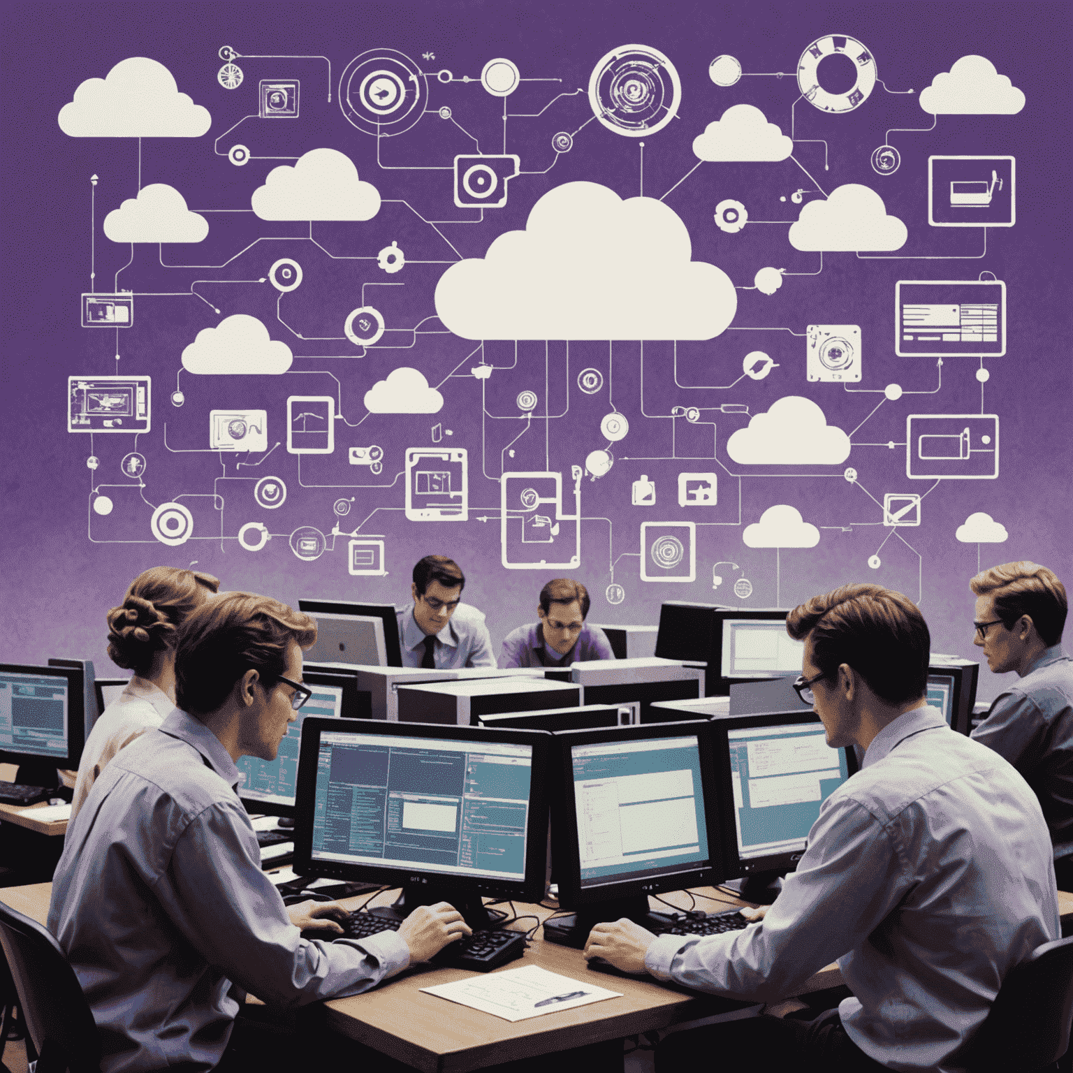 A vintage-inspired collage showing multiple designers working on a shared CAD project, with retro computer terminals and cloud symbols representing online collaboration. The image has a purple tint and slight blur for an aged effect.