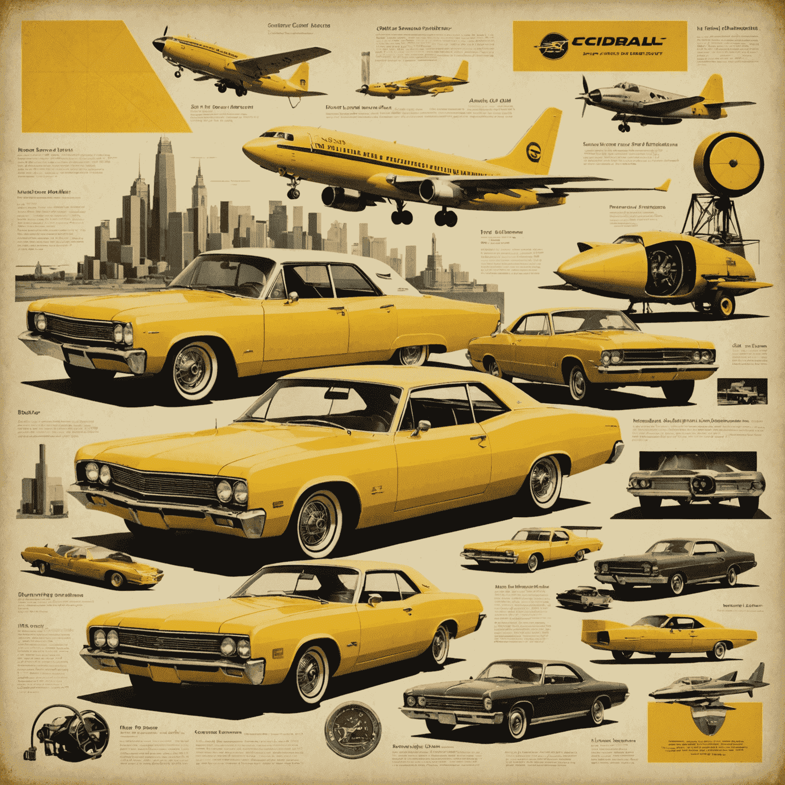 A retro-style montage showcasing various industry applications of CAD, including aerospace, automotive, and architecture. The image has a yellow tint and film grain texture for a vintage look.